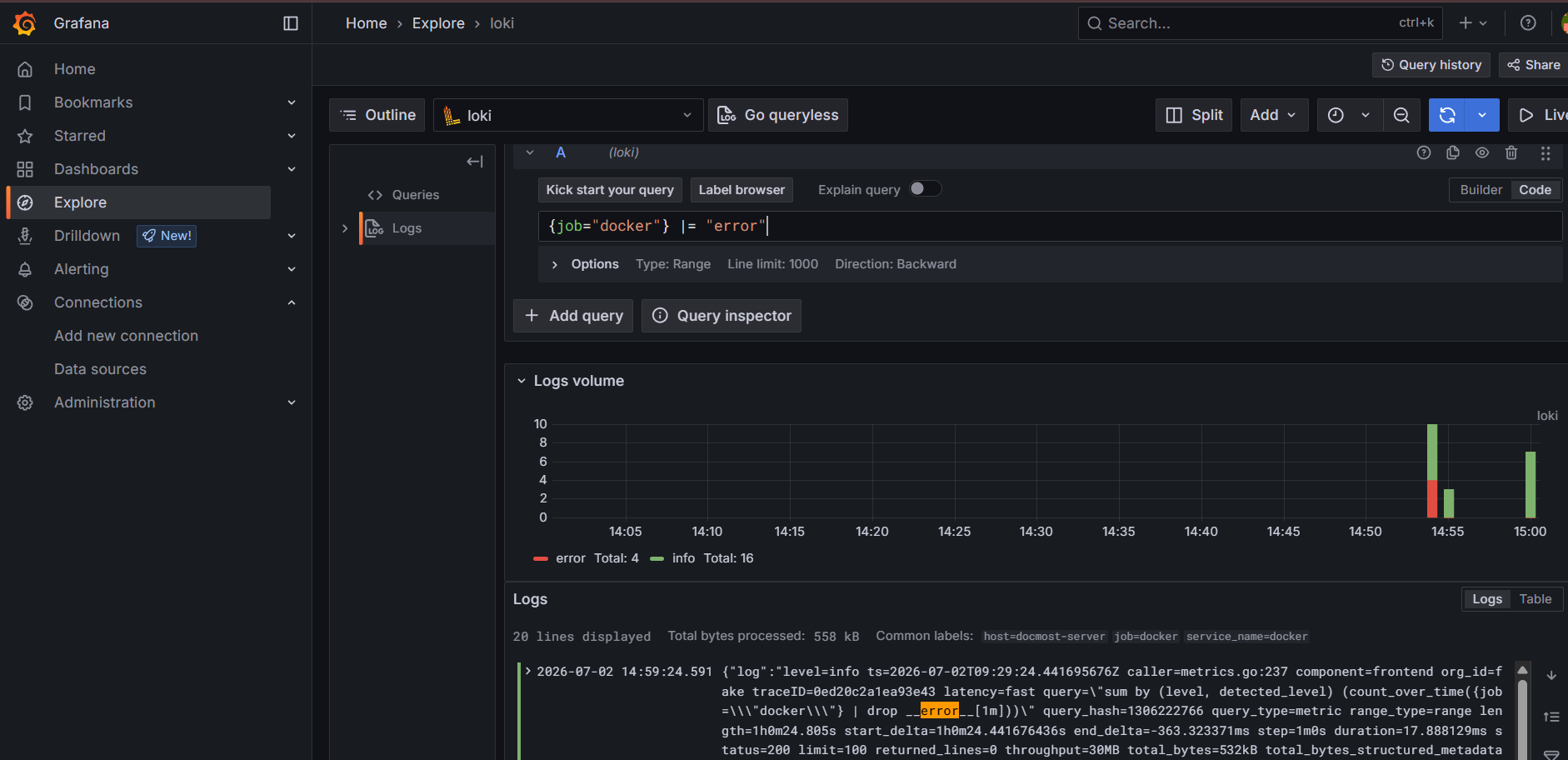 Loki query filtering Docker error logs in Grafana